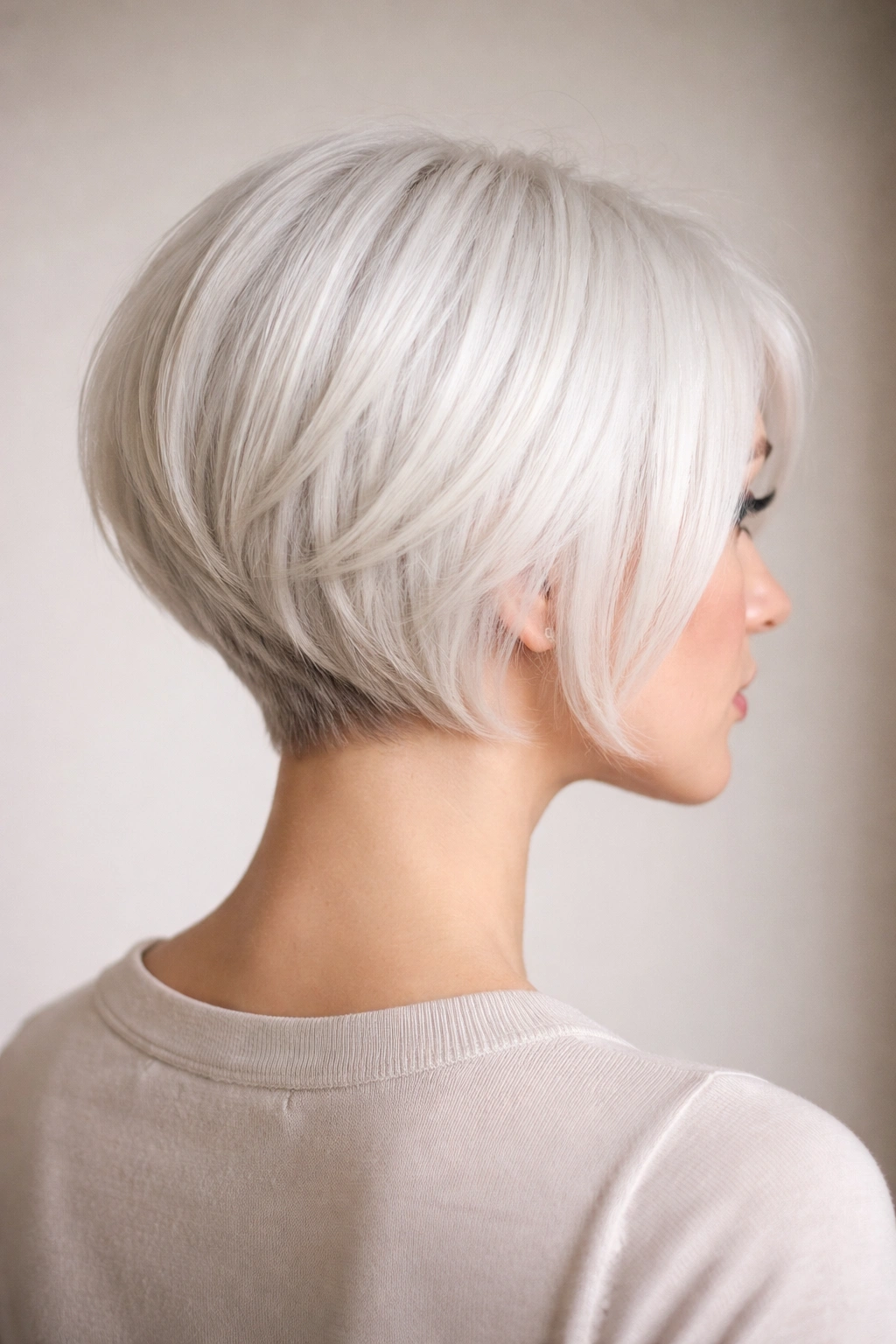 Stacked white bob with nape lift and shorter back