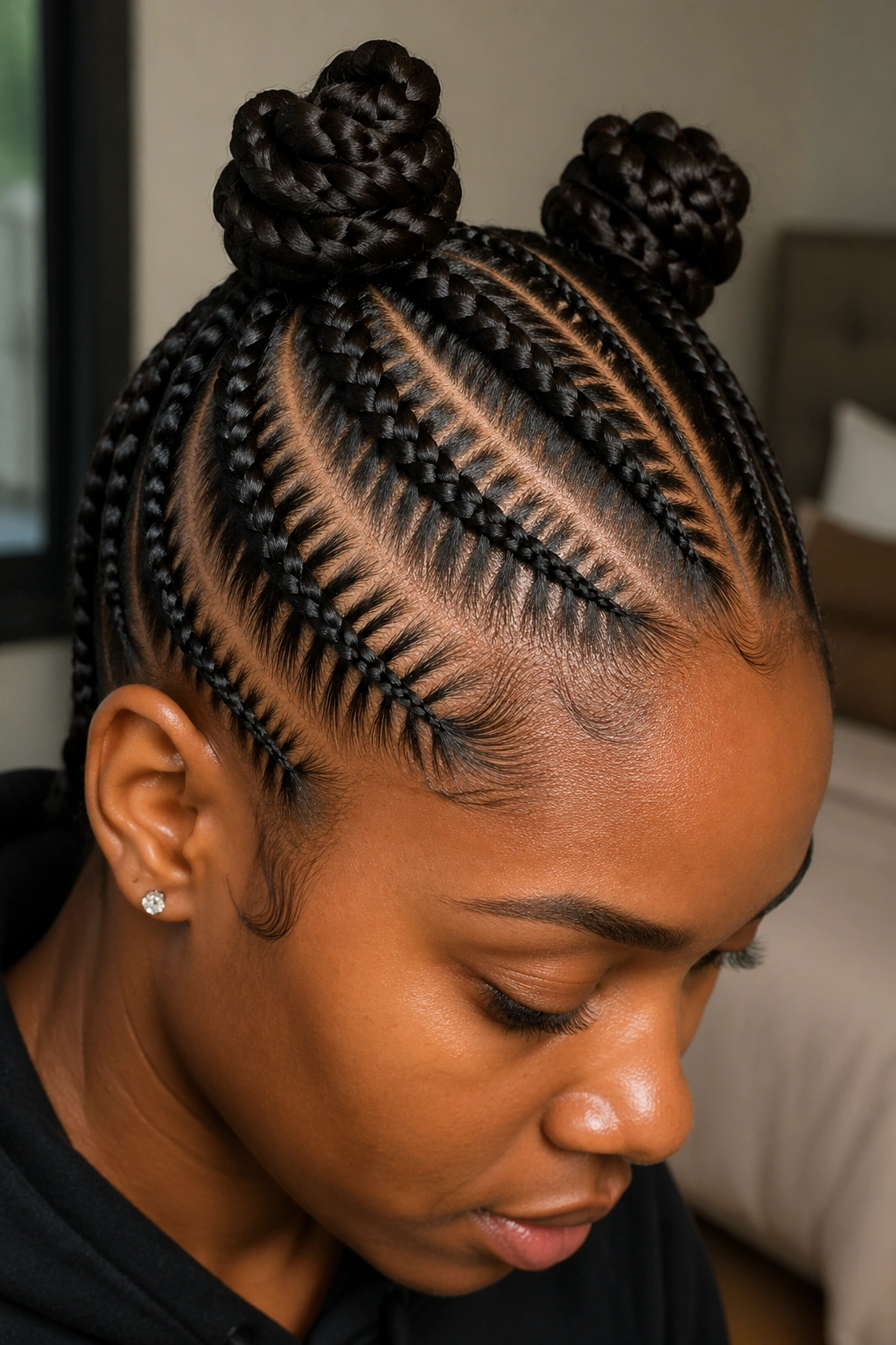 Close-up portrait of a real person with stitch braids feeding into two Bantu knots at the crown, crisp scalp parting