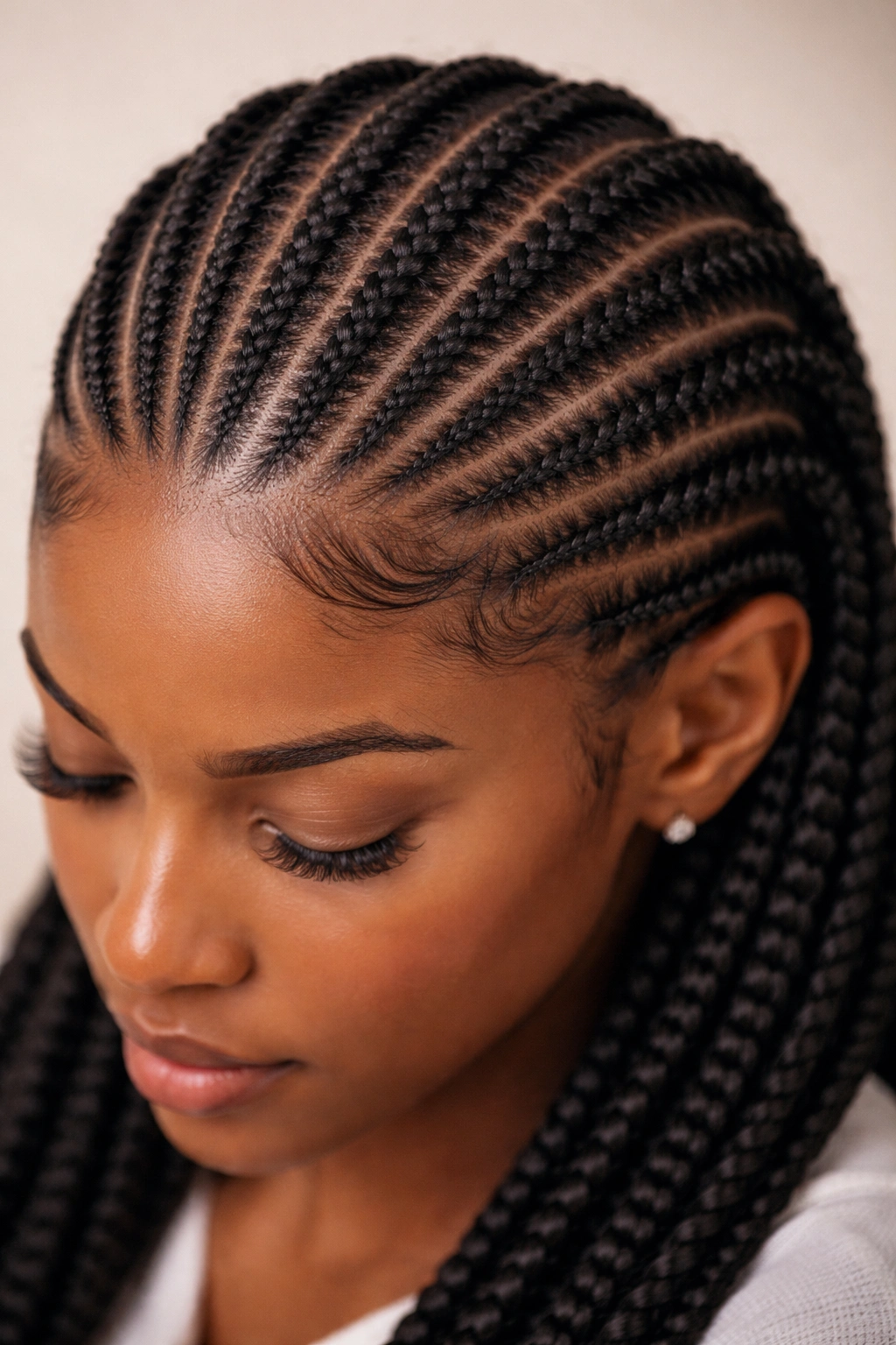 Close-up of stitch braids with crisp parting lines on natural hair