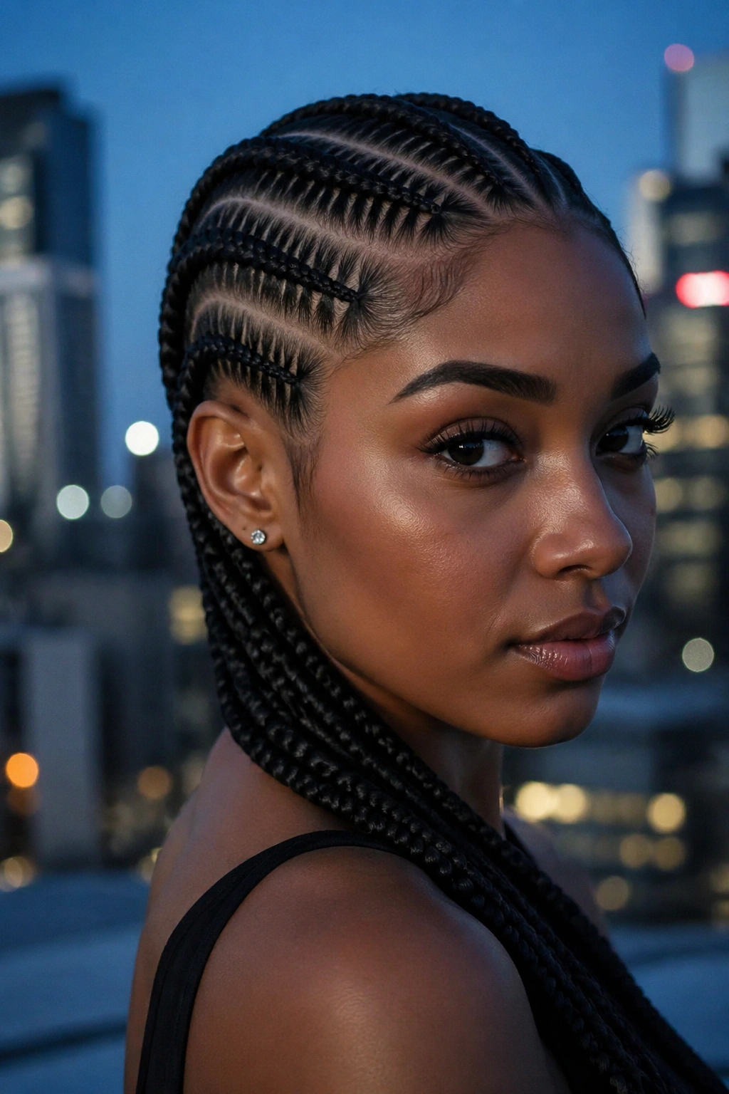 Close-up portrait of a real person with stitch braids showing neat stitched sections