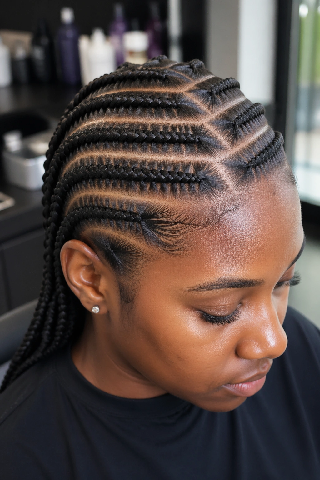 Close-up of a woman with stitch-part braids showing crisp lines