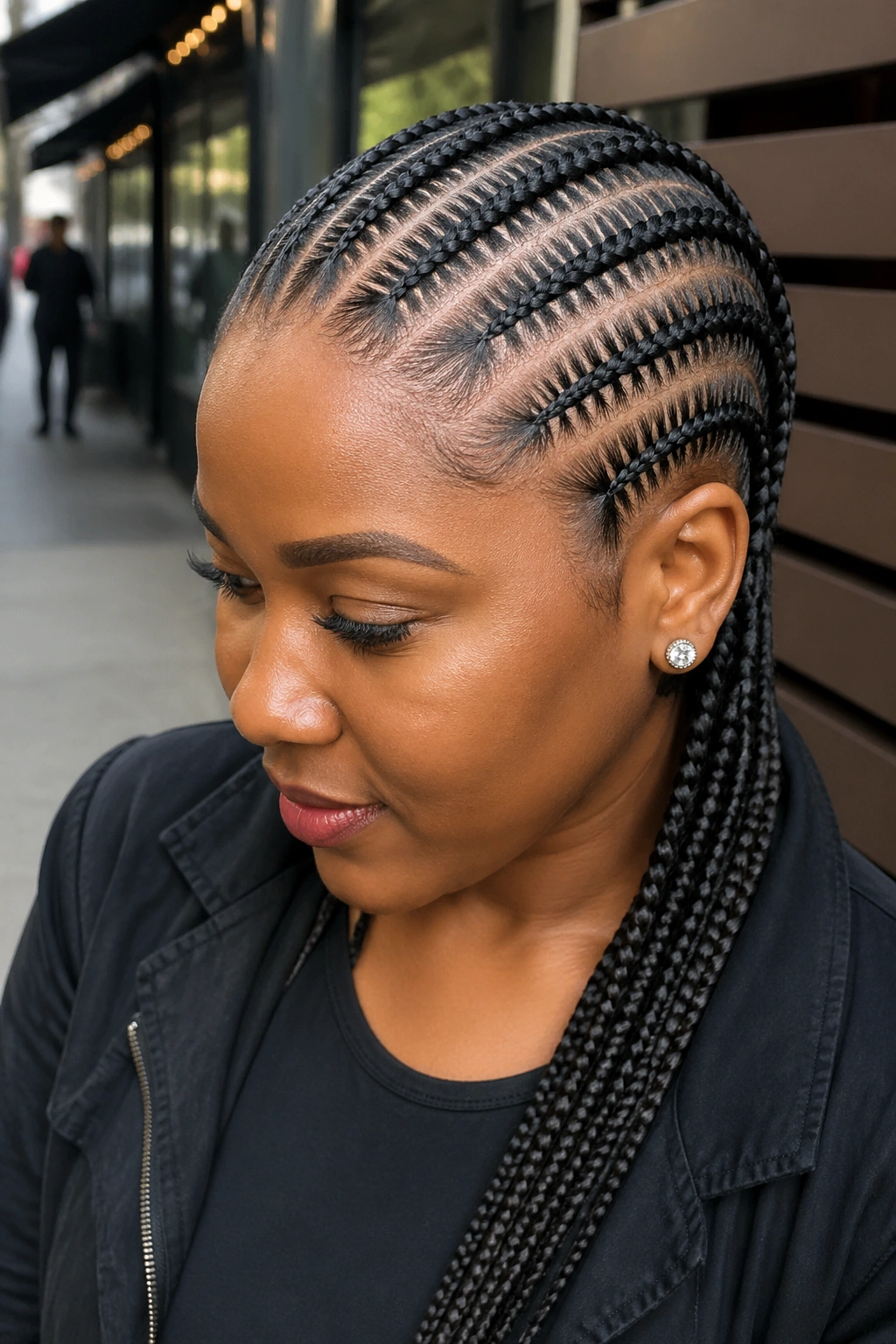 Close-up of stitch cornrows with clean parting on a real woman