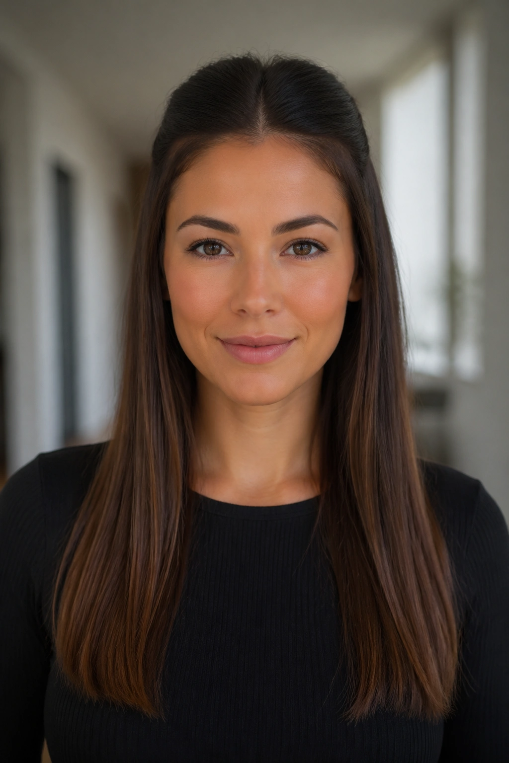 Close-up of a real woman wearing a sleek straight-across half up hairstyle with a straight line across the back of the head