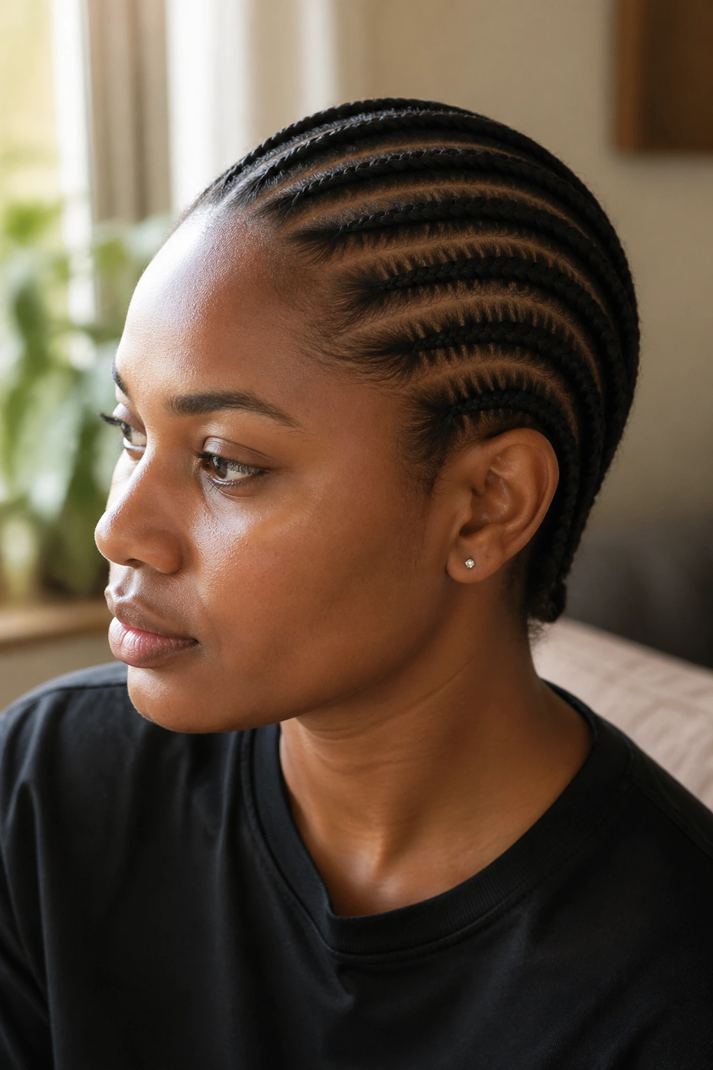 Close-up profile of a real person with straight-back cornrows