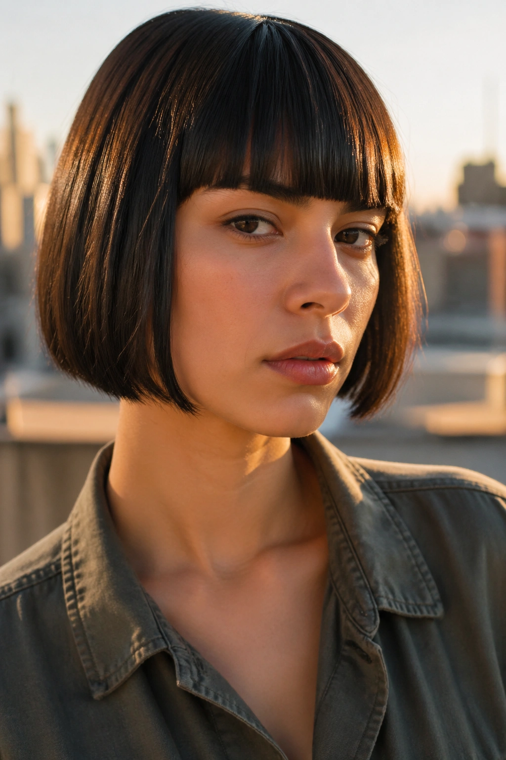 Real person with straight-fringe military bob front view