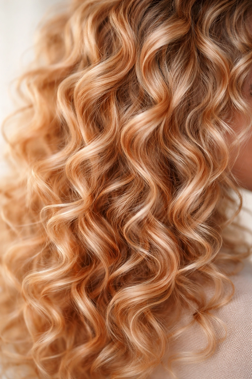 Close-up curly hair with strawberry blonde glow and peachy highlights