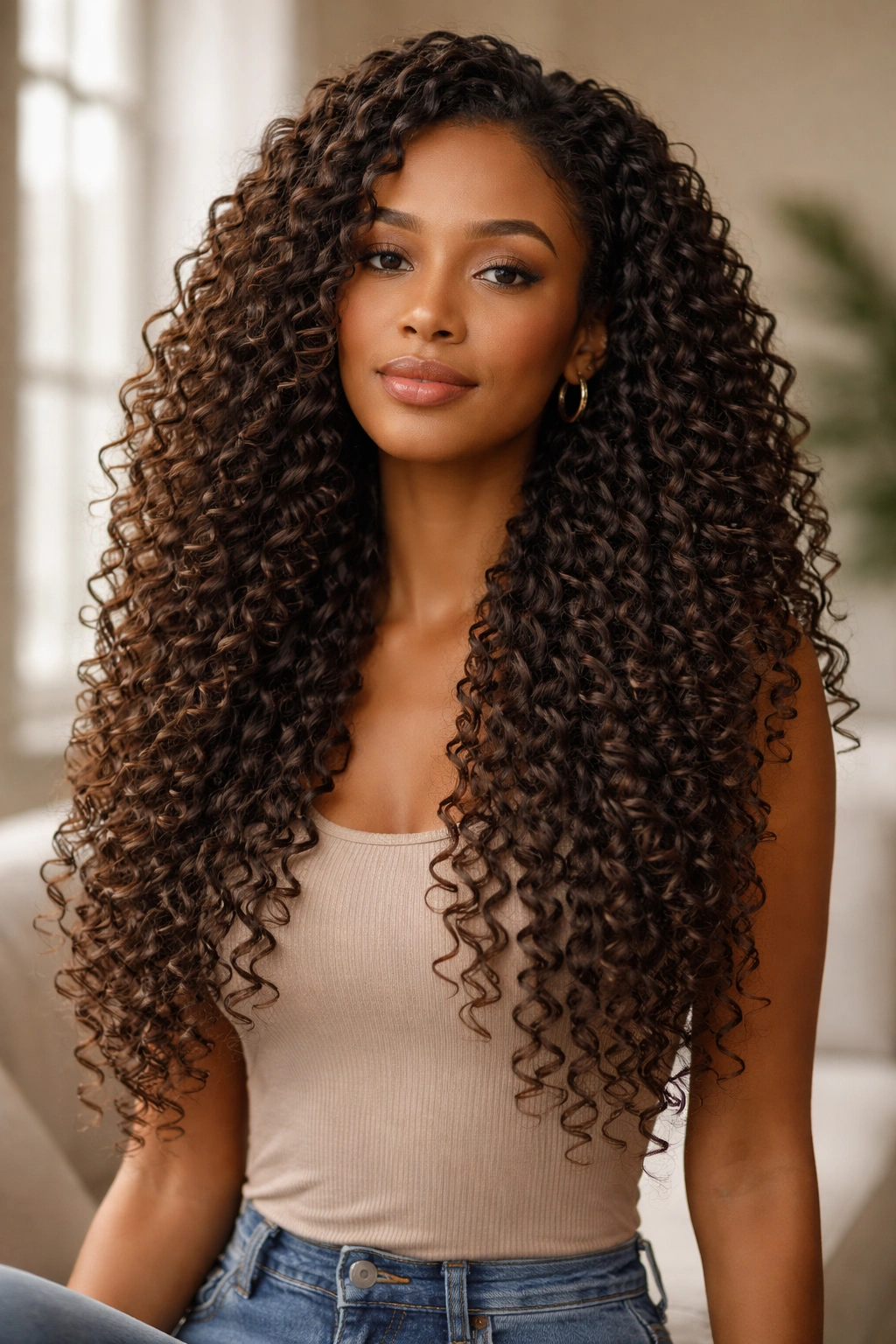 Full head of stretch-set curls showing length and reduced shrinkage