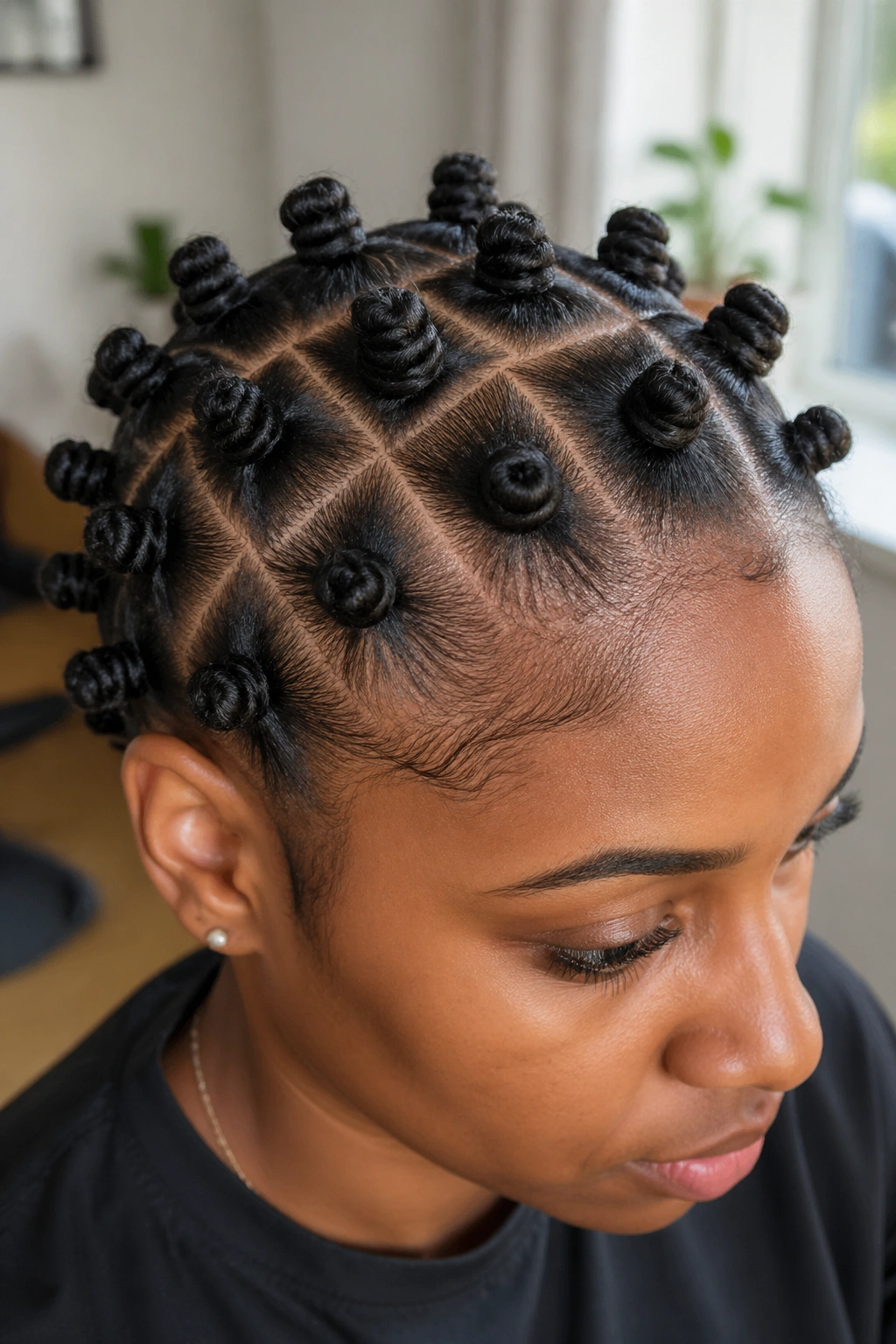 Real woman with stretched blow-dried hair and small Bantu knots