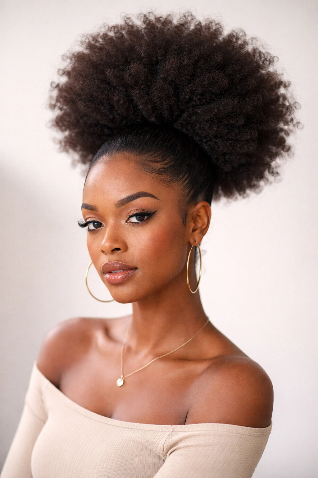 Stretched blowout puff hairstyle with elongated length and full crown