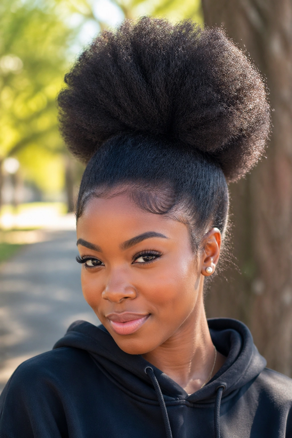 Close-up of a real woman with a stretched blowout puff showing height and texture.