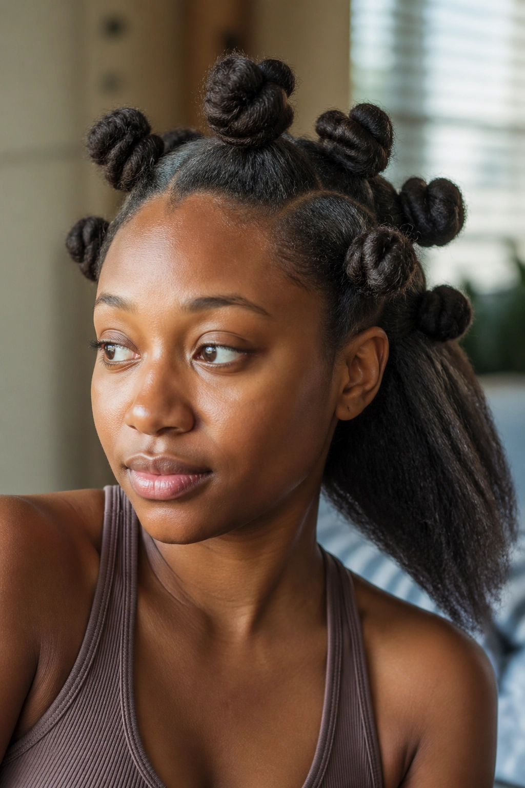 Woman with knots on stretched blowout hair