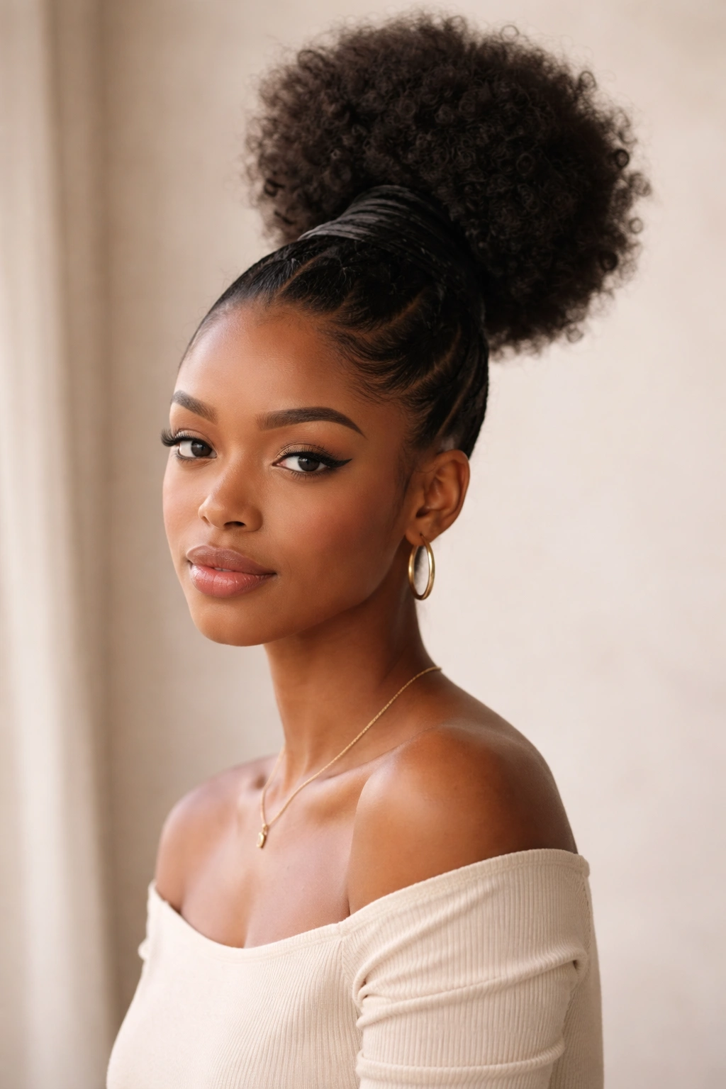 Elongated stretched puff on shorter-face model with vertical bands creating lengthened silhouette.