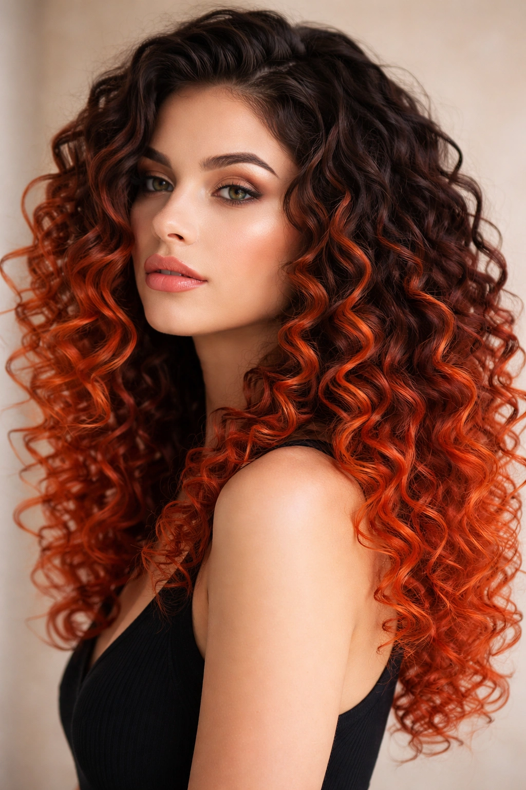 Sunset ombré ringlets with dark roots and bright ends