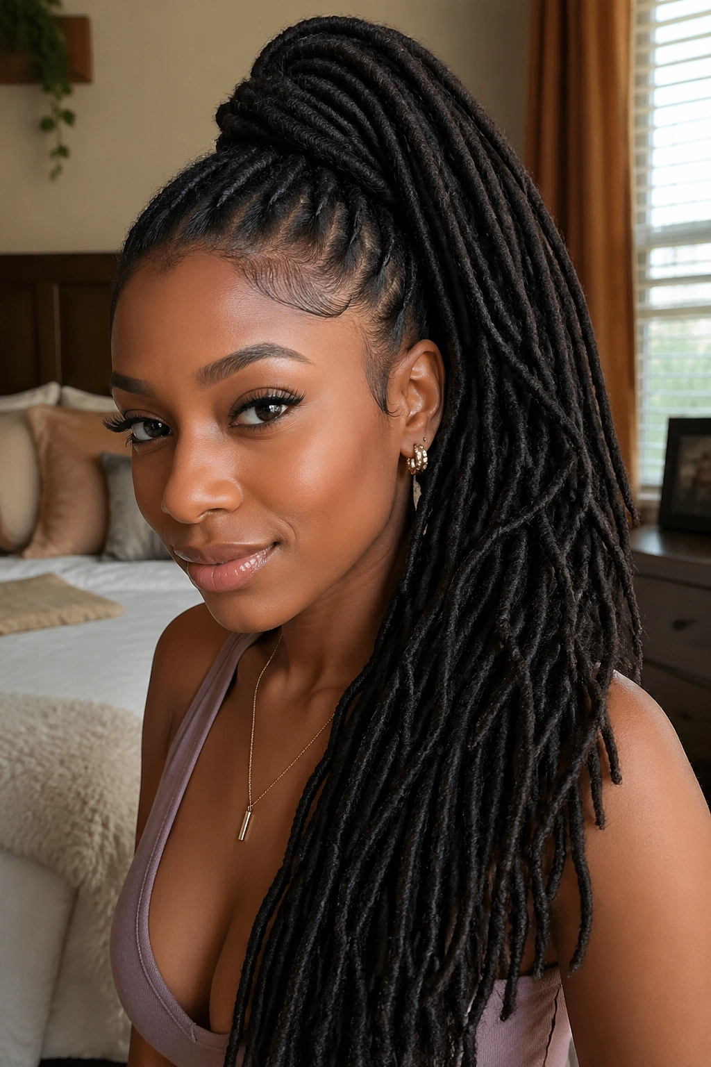 Close-up of real woman wearing a synthetic loc ponytail extension clipped at the crown.