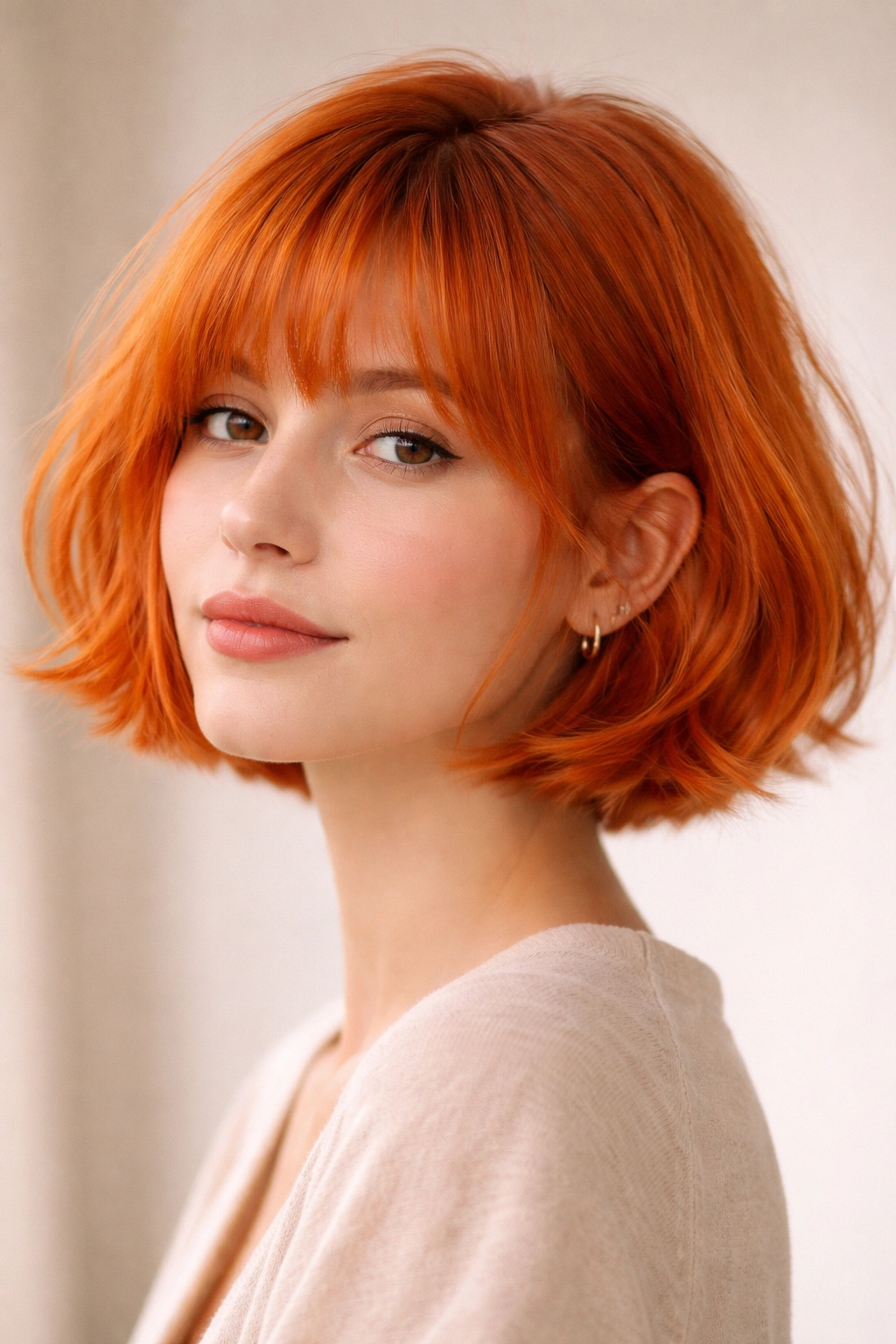 Three-quarter view of a tangerine French bob with a soft fringe
