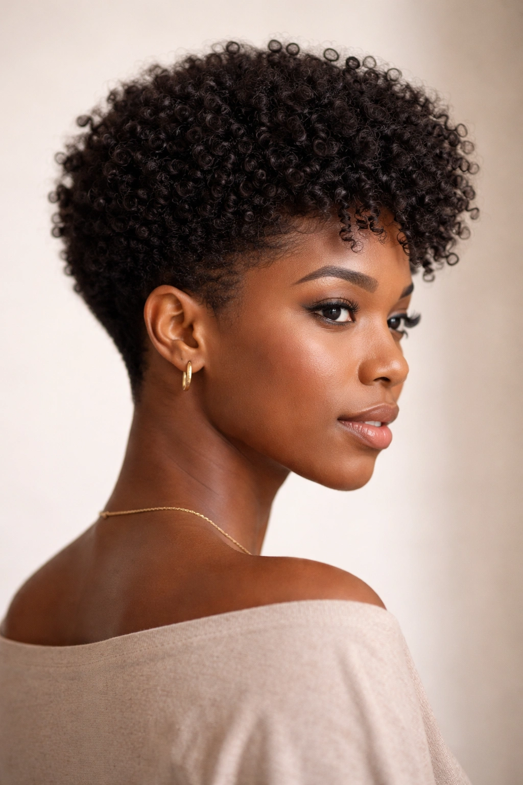 Close-up portrait of a person with a tapered Afro and clean nape, highlighting 4A curls.