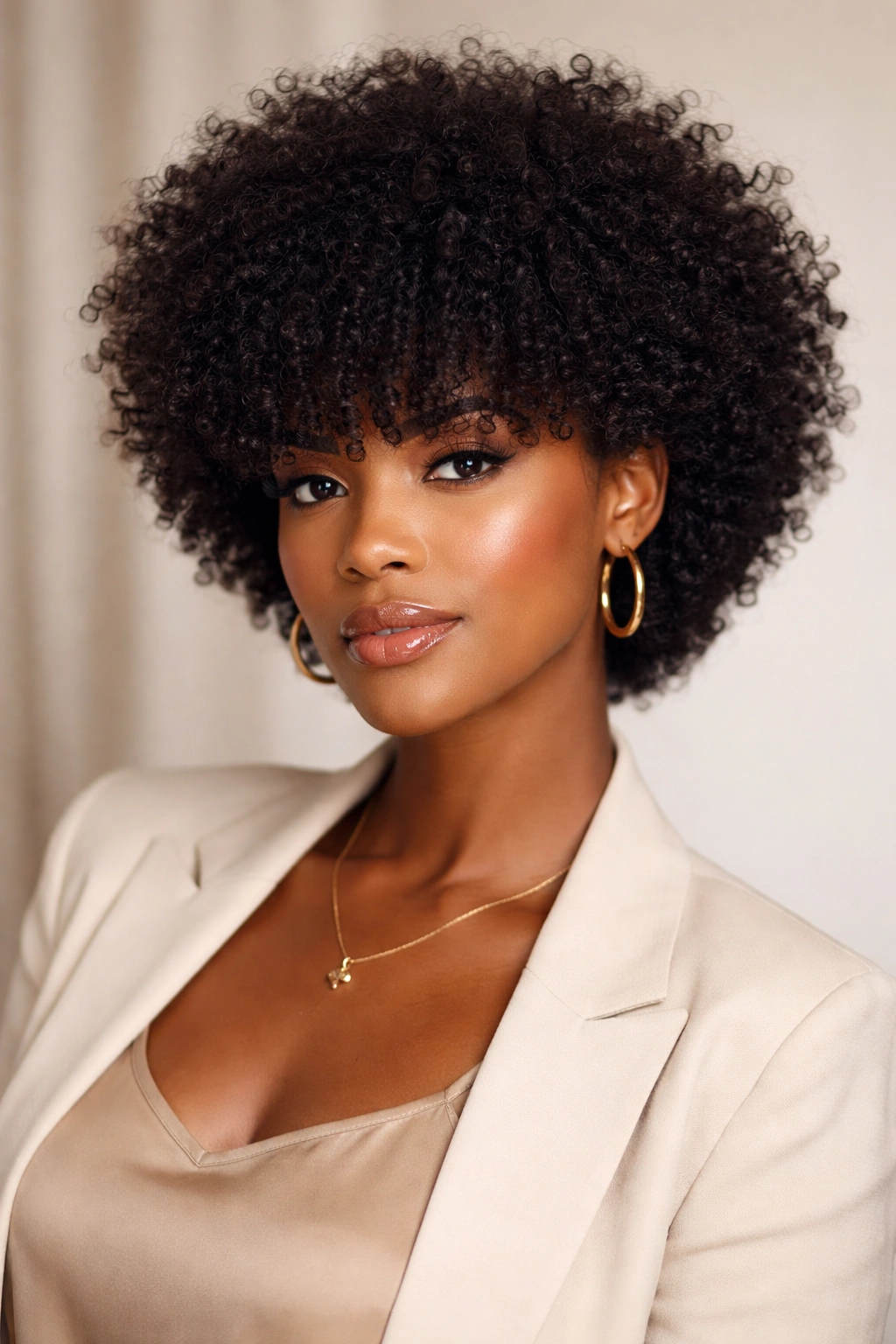 Portrait of a woman with full bangs on a tapered afro, framing the eyes