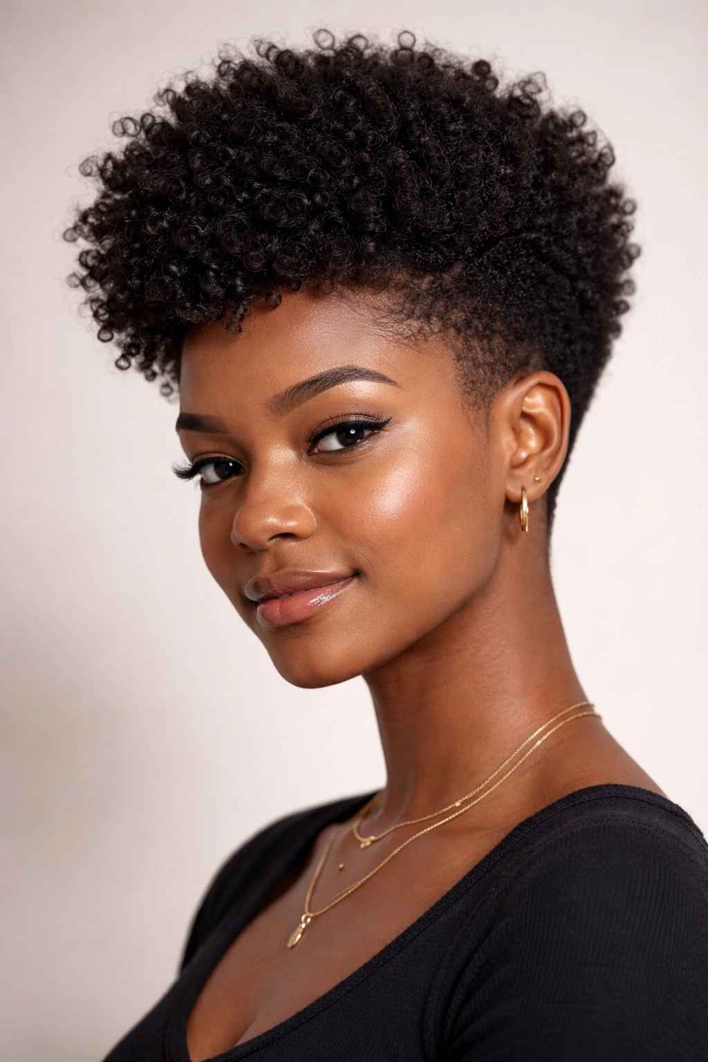 Portrait of a Black woman with a tapered Afro and clean sides.