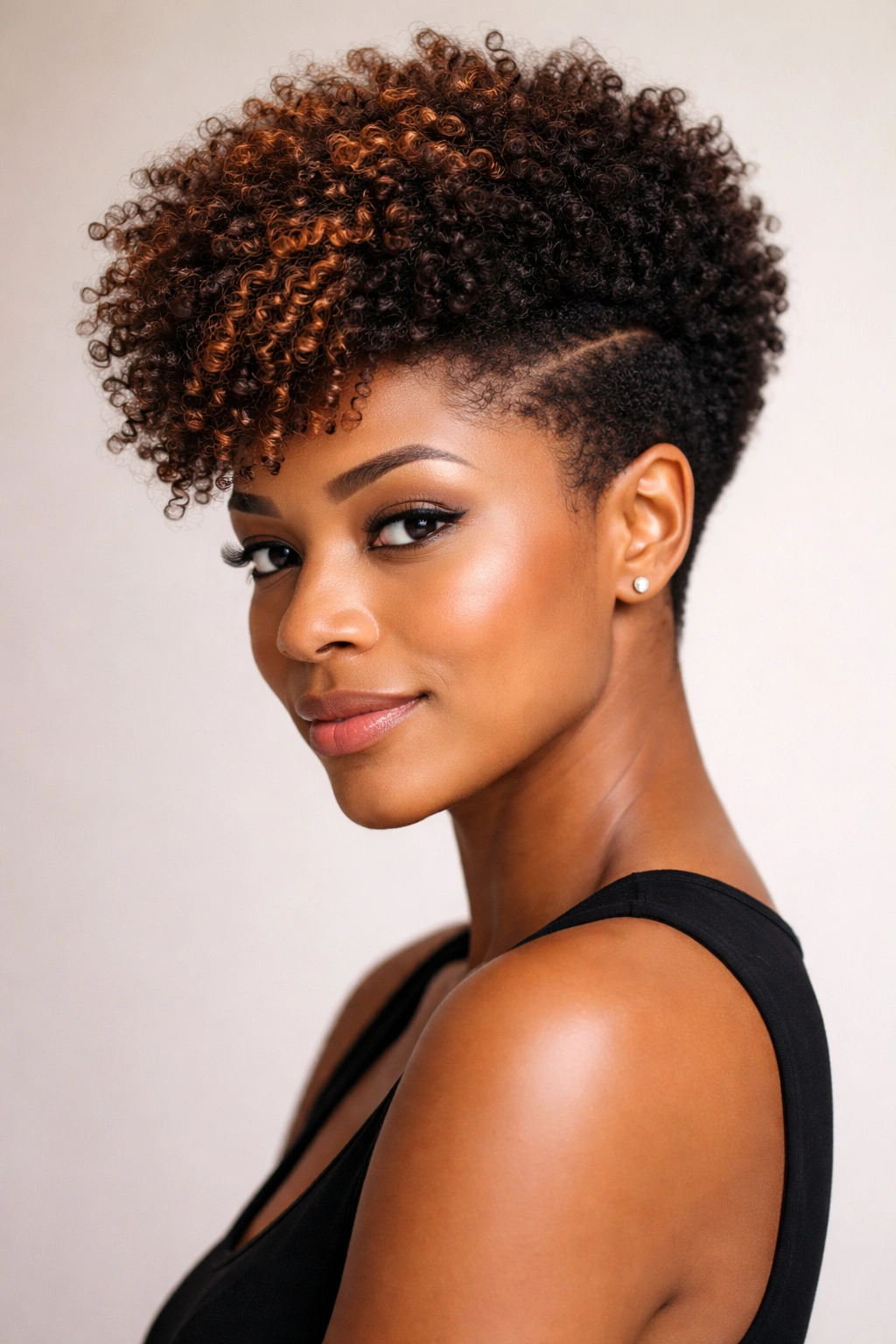 Portrait of a woman with a tapered afro color accent on curls