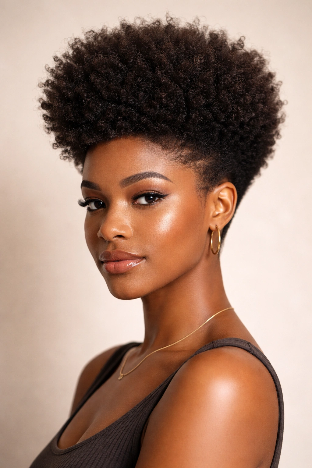 Tapered afro showing higher crown and tapered sides.