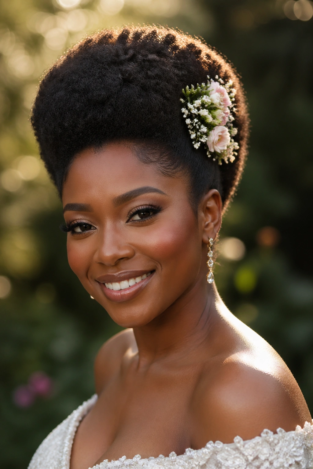 Real bride with tapered Afro and floral pins