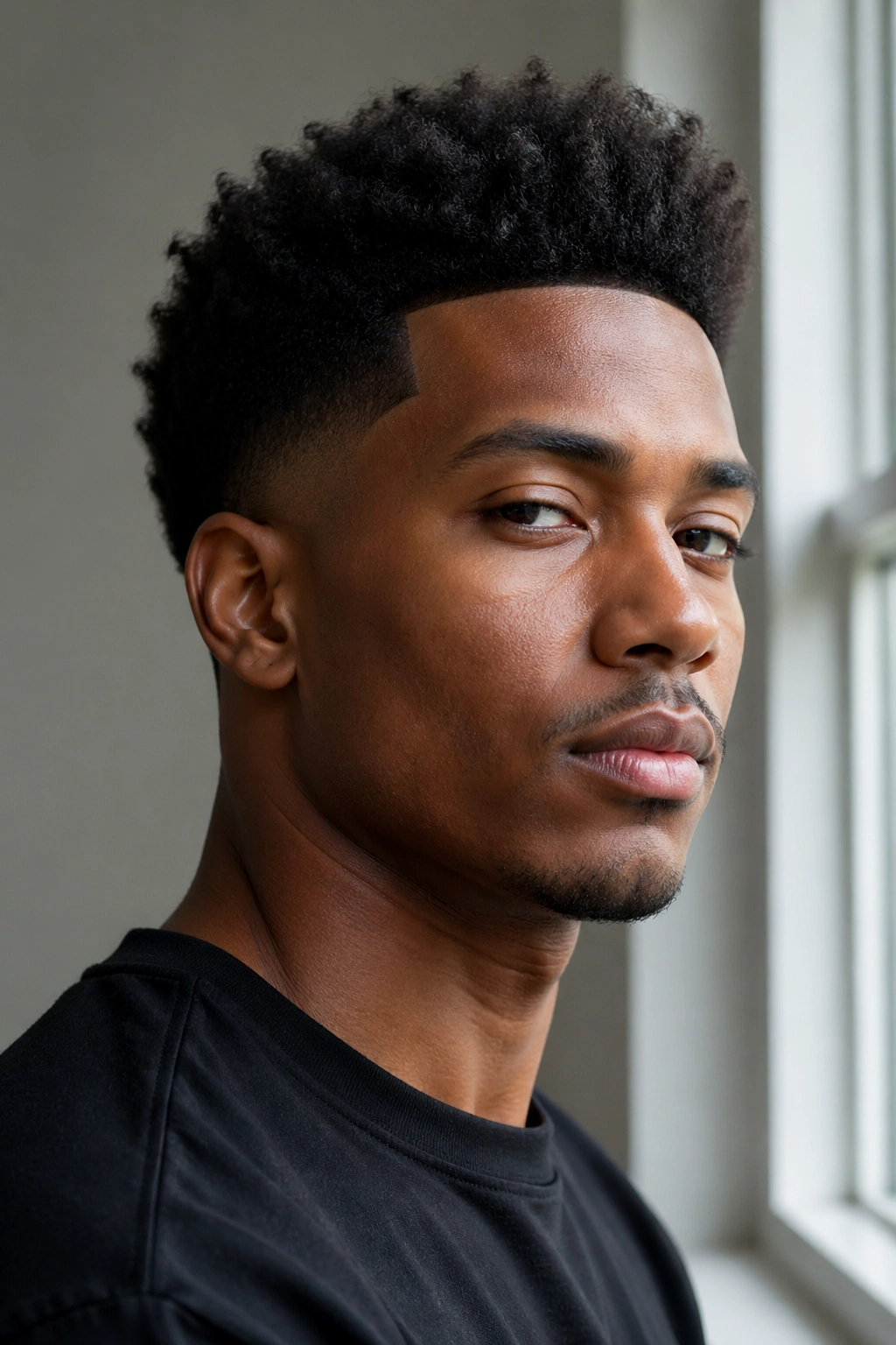 Tapered afro close-up portrait with short sides