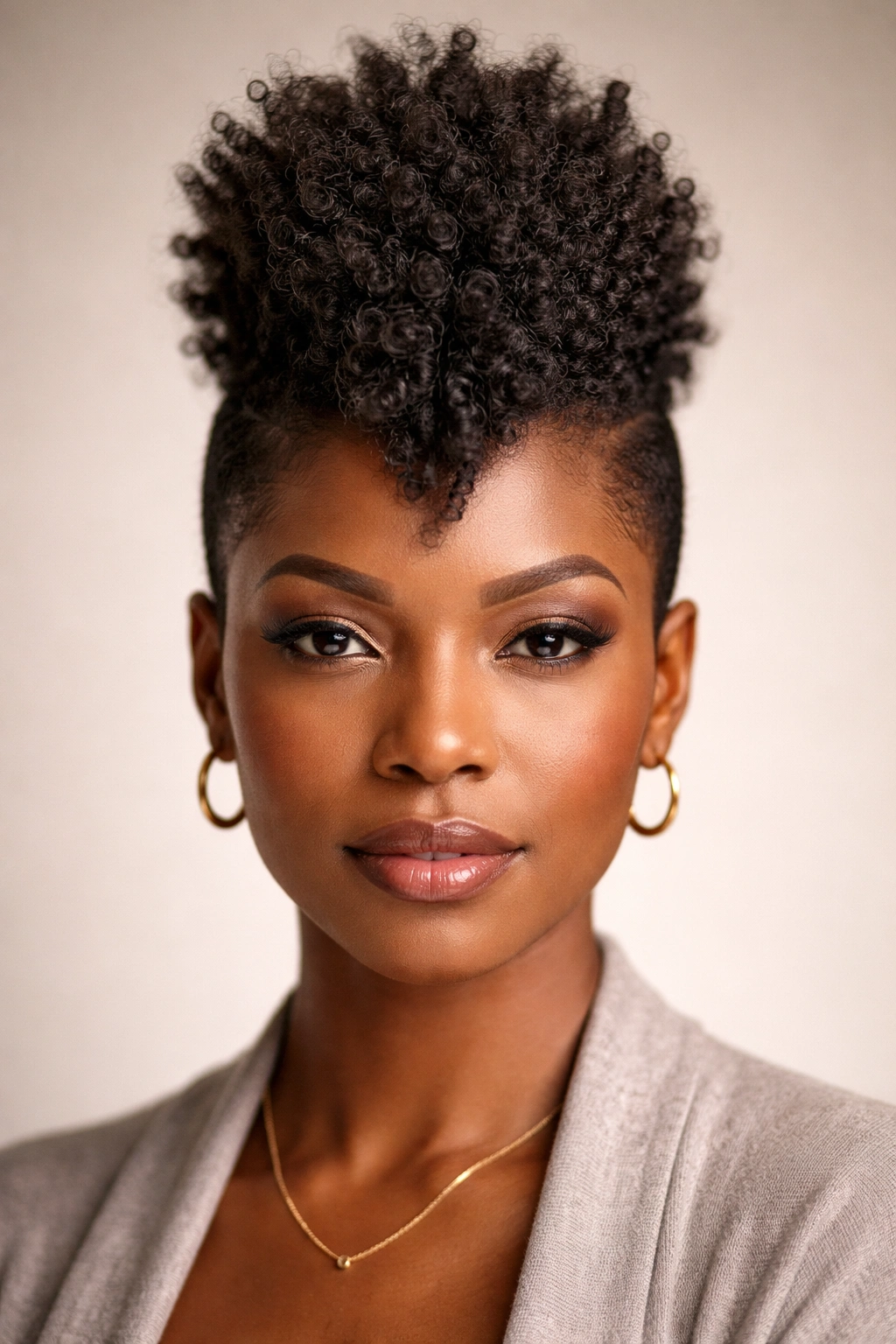 Portrait of a woman with a tapered Afro Mohawk, center ridge and tapered sides