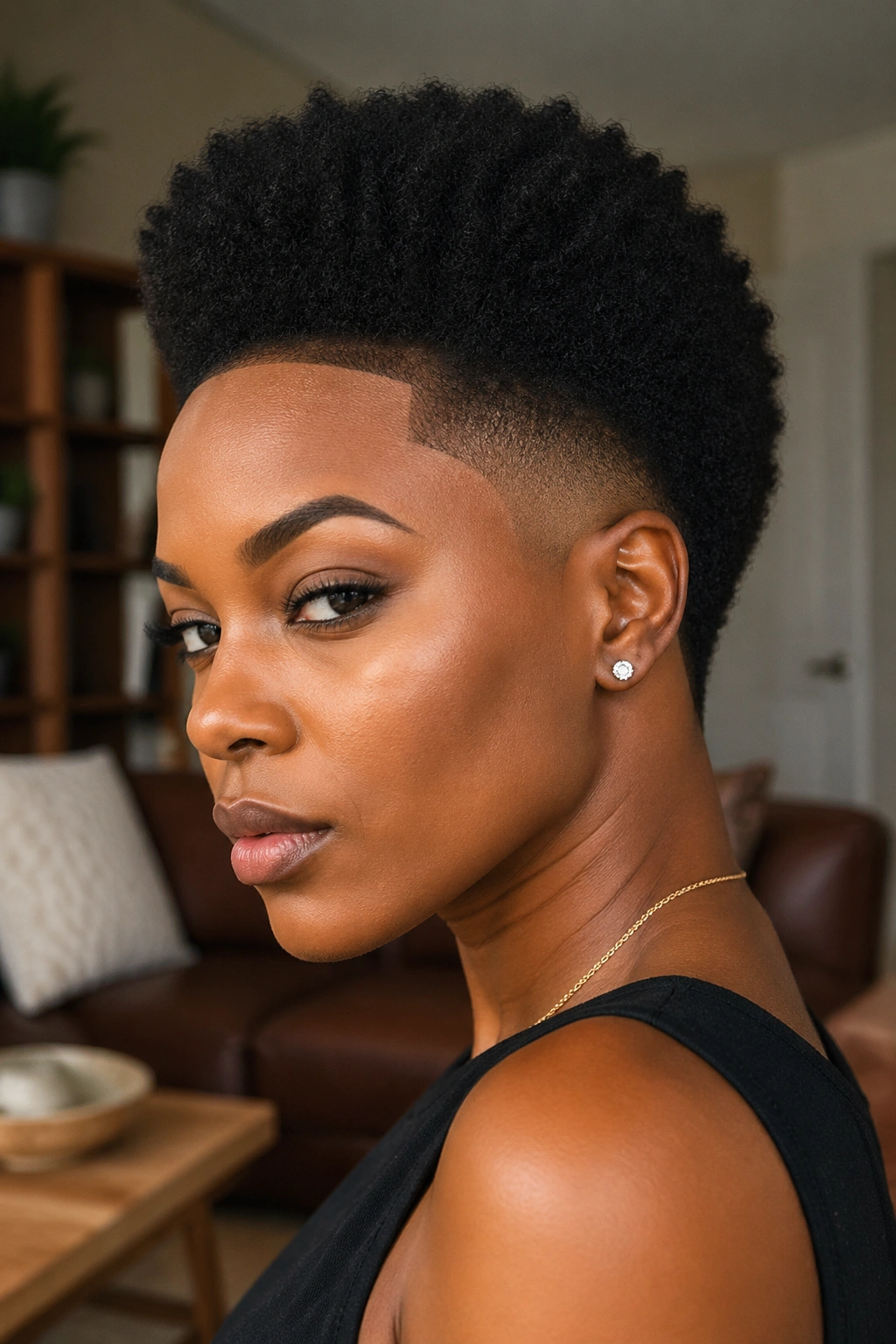 Close-up portrait of a real woman with a tapered Afro and clean lineup against a warm home interior