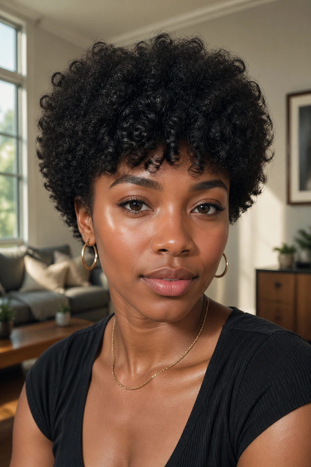 Real person with tapered afro and rounded bangs