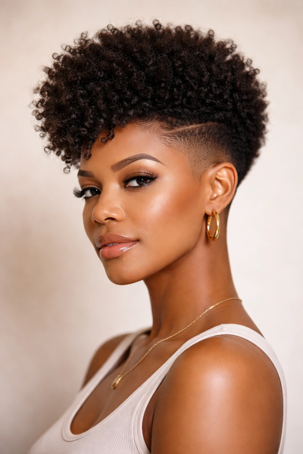 Portrait of a person with a tapered Afro and clean shaved sides.