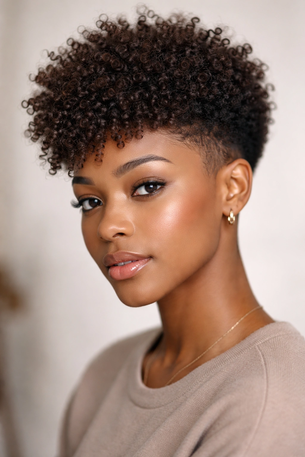 Tapered curly afro for short hair close-up highlighting tight top curls and fade sides