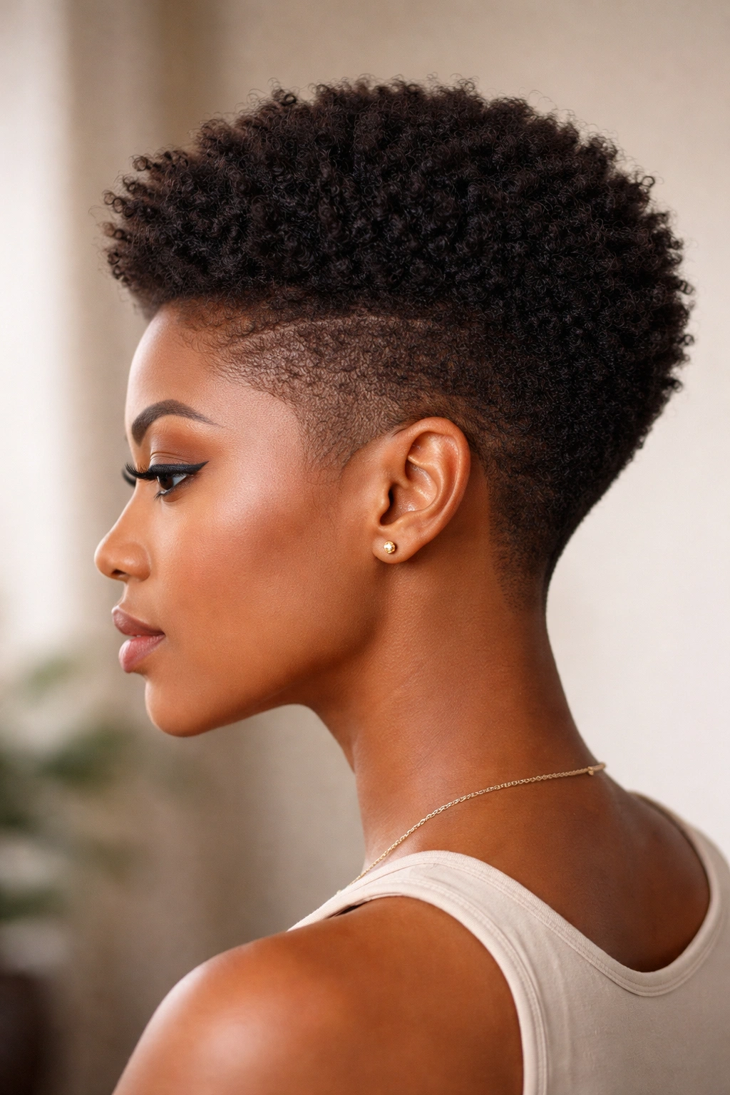 Close-up side view of a tapered afro with tight sides and fuller crown