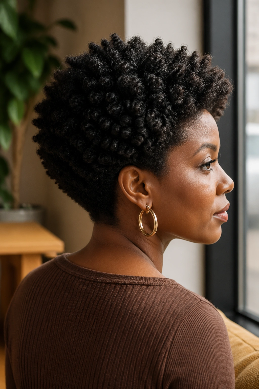 Three-quarter portrait of a real person wearing a Tapered Afro Wig That Sits Close at the Nape