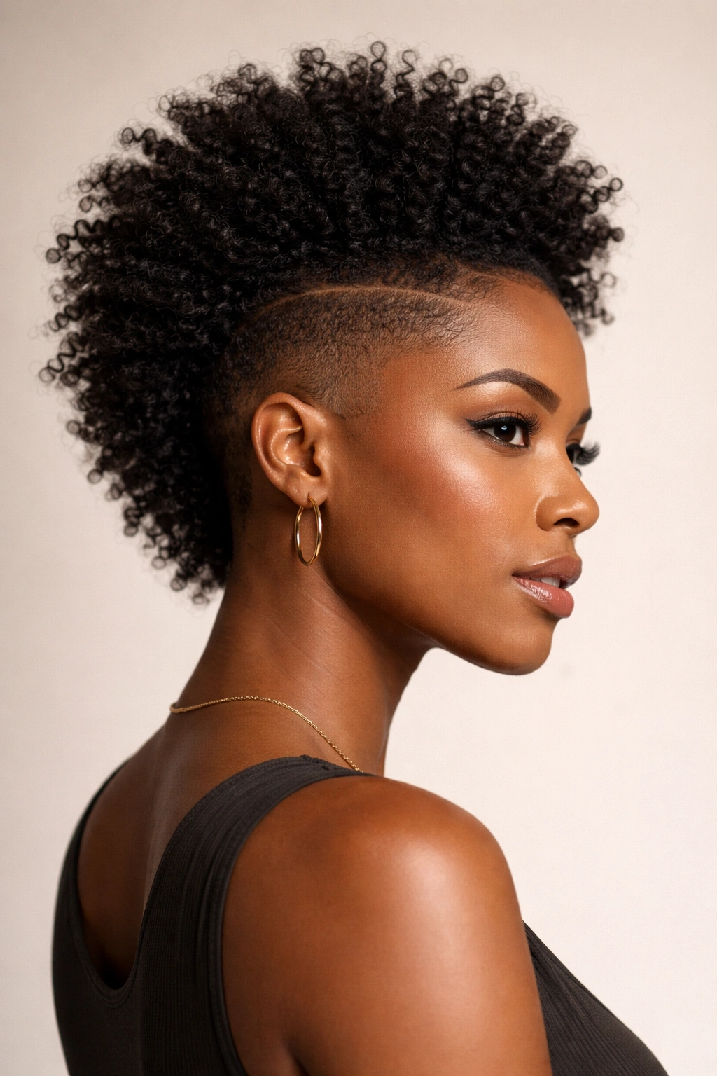 Portrait of a person with a tapered cut afrohawk showing shaved sides and a raised center hawk