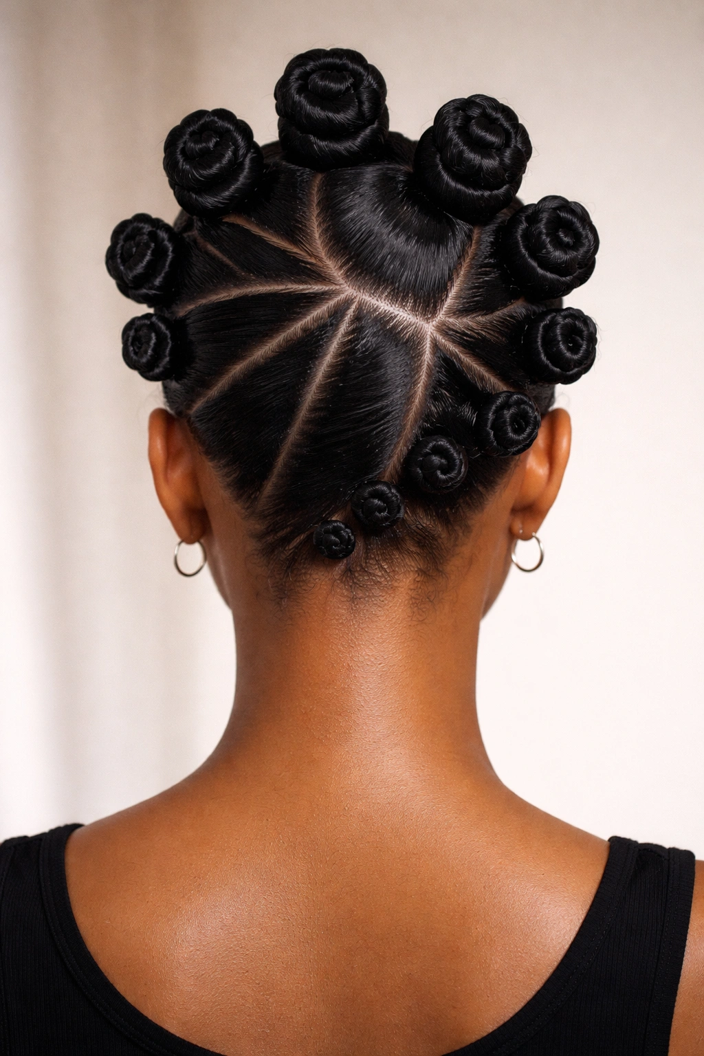 Back view close-up of tapered Bantu knots with crown-to-nape size variation