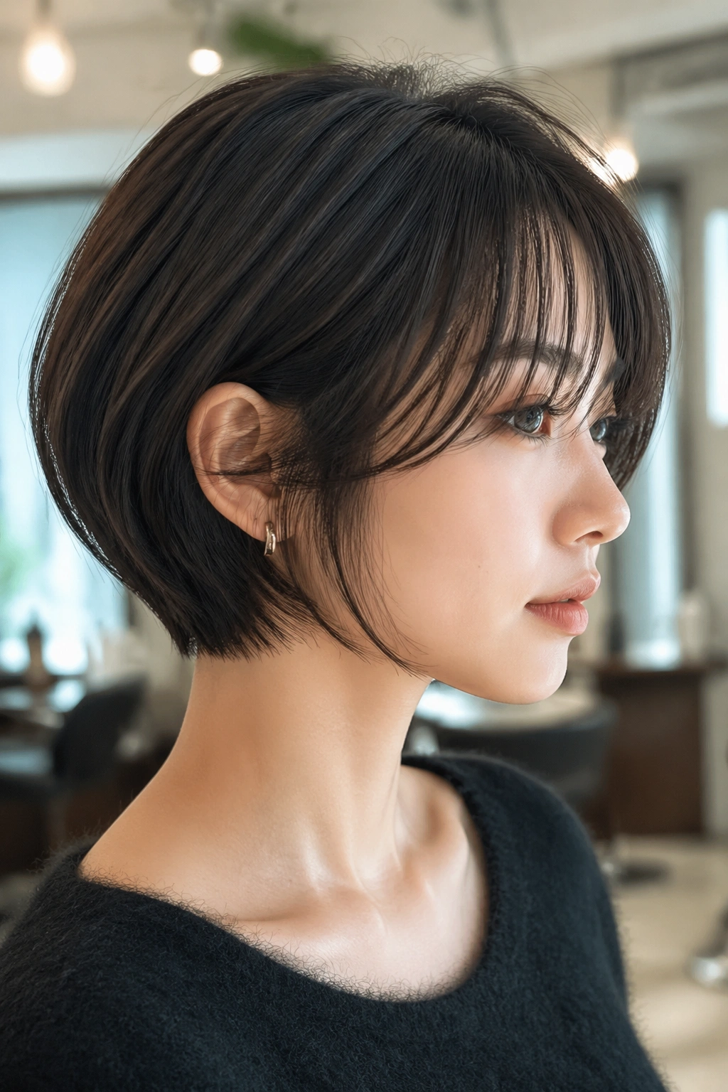 Close-up portrait of a real woman with a tapered bob and airy fringe in a modern salon