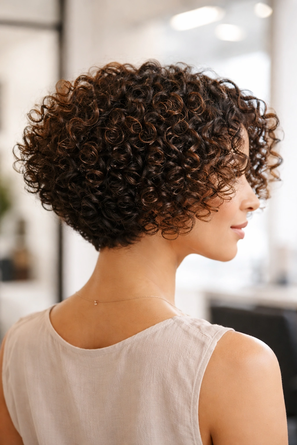 Close-up of a curly bob with a tapered back and lifted crown, clean lines and crown volume
