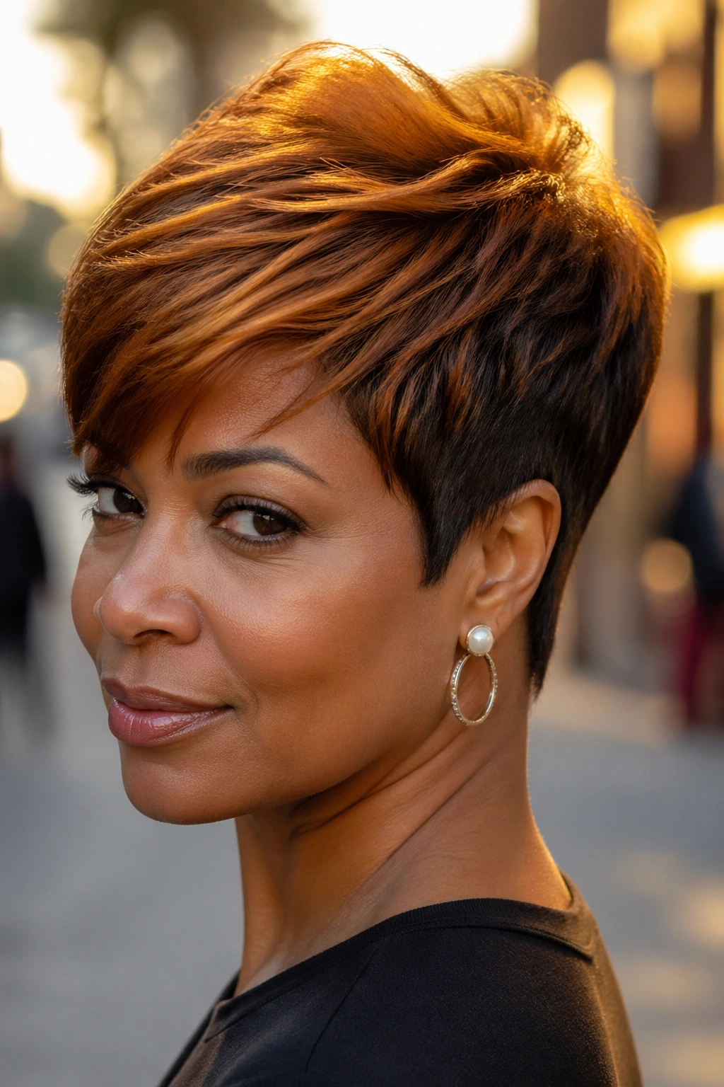 Close-up portrait of real woman with tapered bob and golden auburn crown in golden hour light