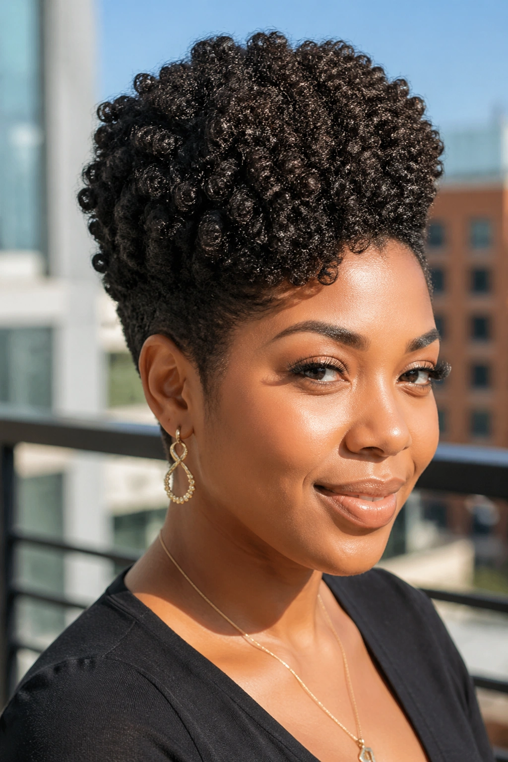 Close-up portrait of a real woman with a tapered crochet afro and crown lift on a sunny balcony