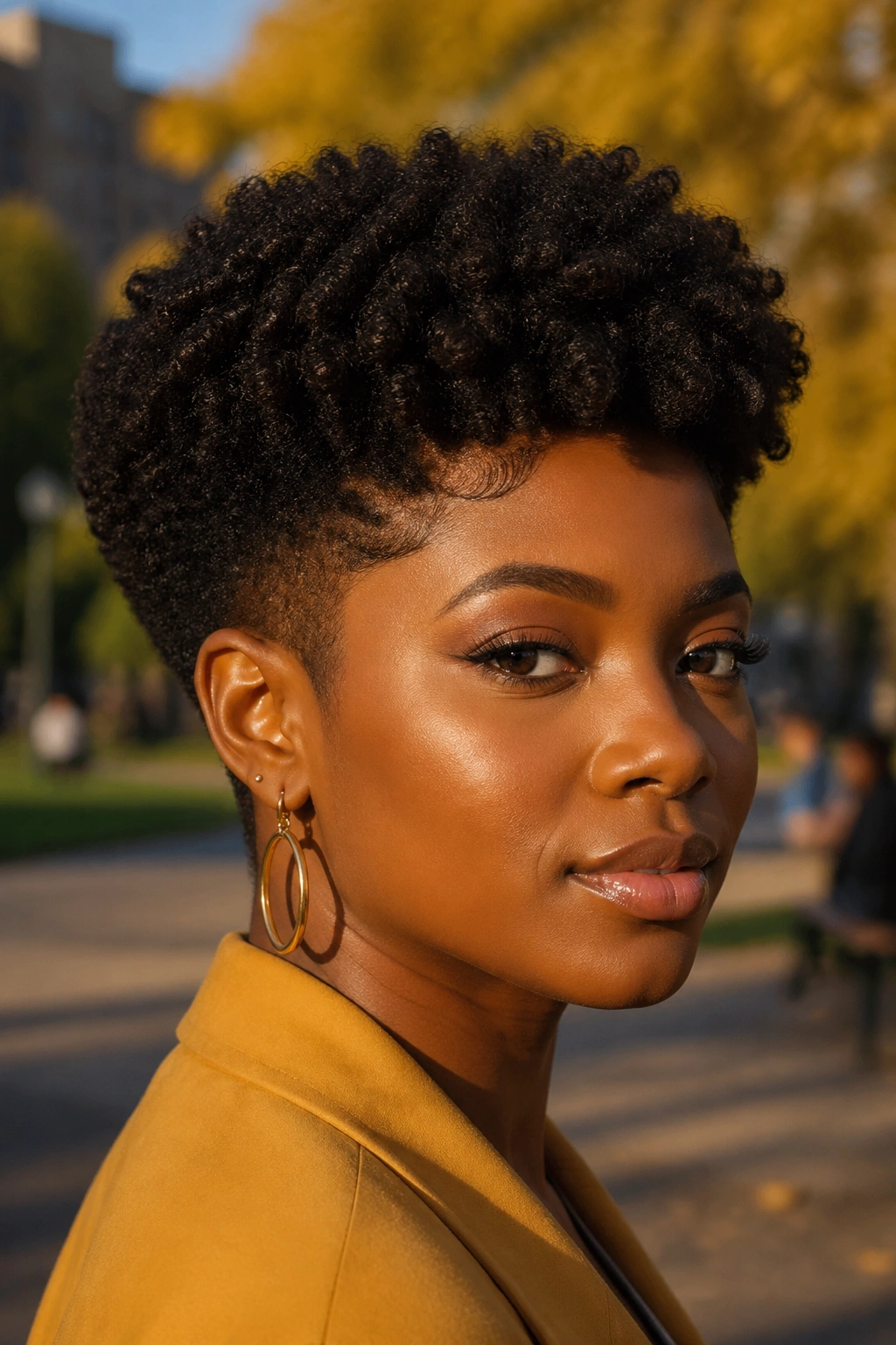 Portrait of a person with tapered crochet afro showing fuller crown and tapered sides