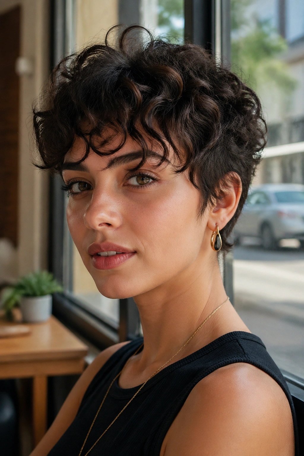Close-up portrait of a real woman with tapered crop and airy bangs