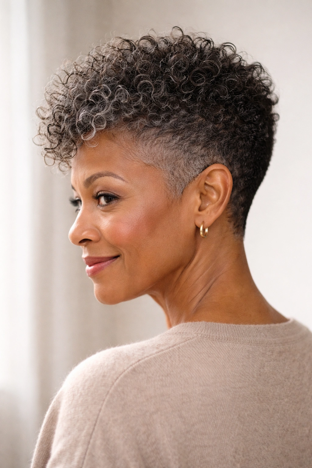 Close-up of a tapered crop with lifted curls and gray hair