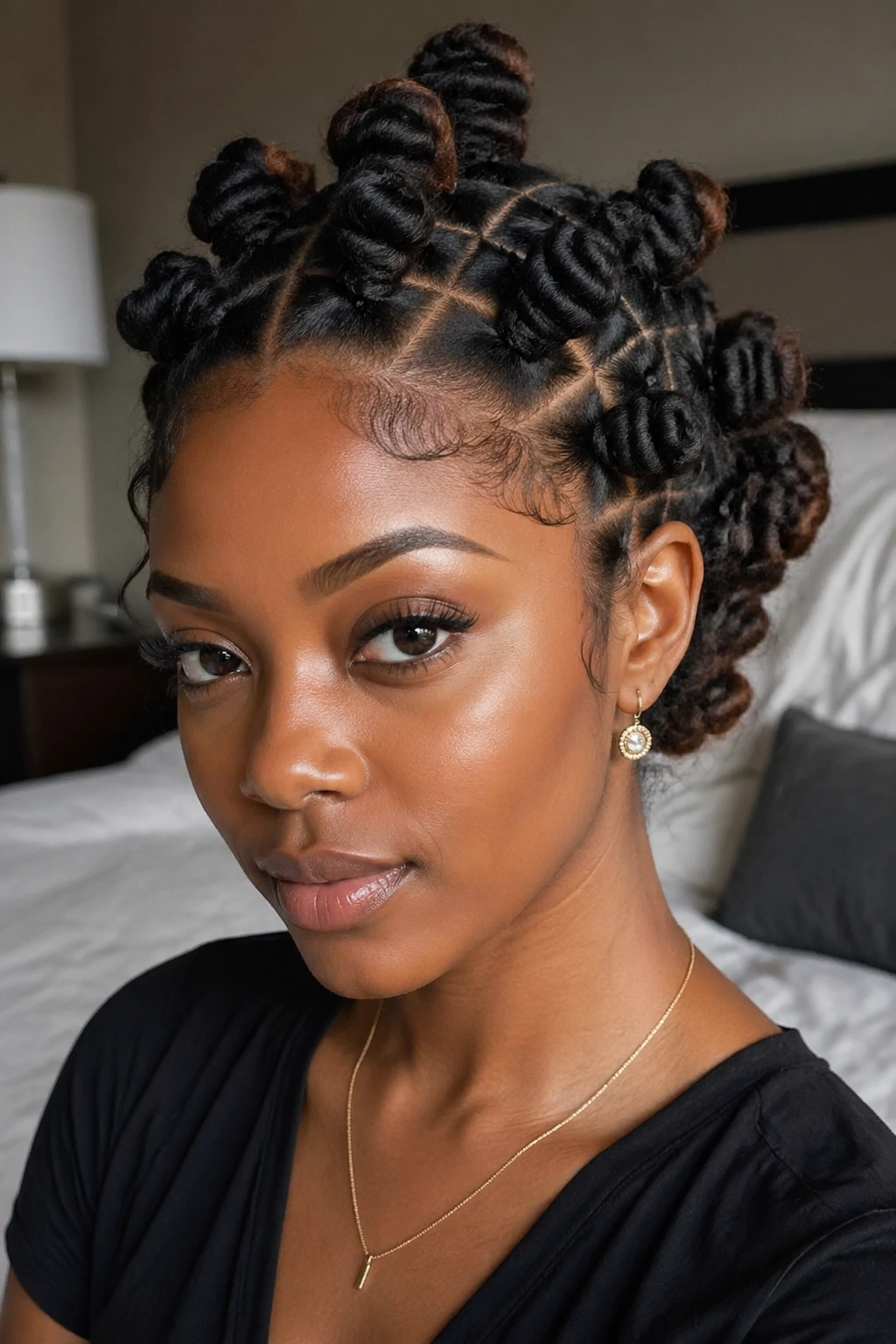 Close-up portrait of a woman with tapered crown Bantu knots on locs, front knots smaller and back knots larger framing the face