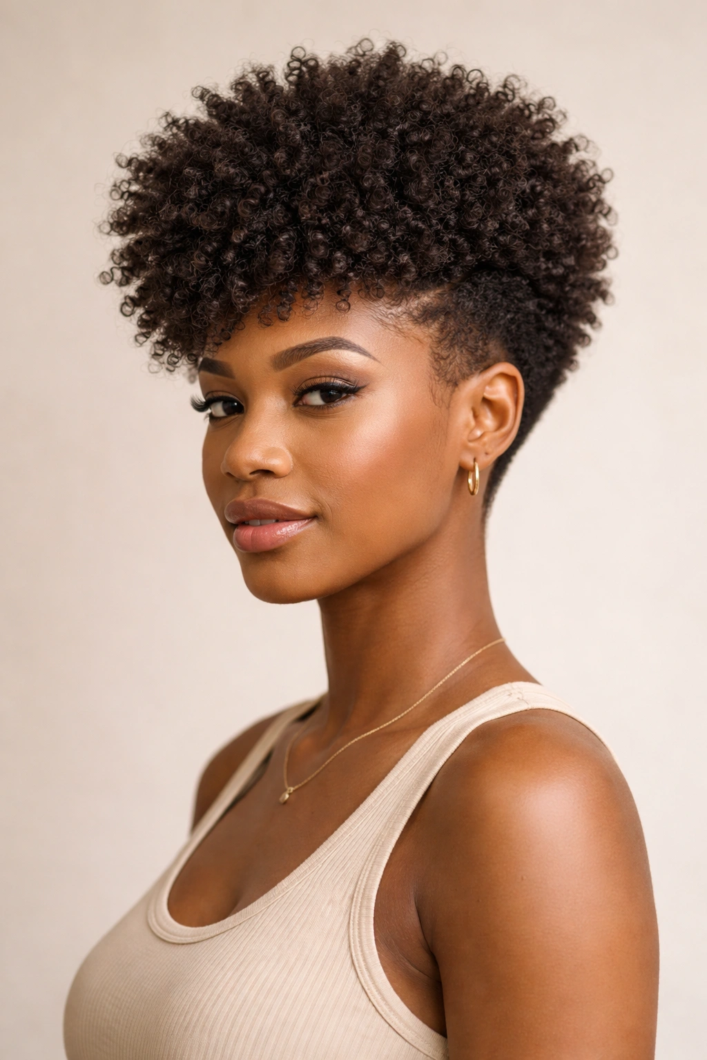 Tapered curly afro wig with longer top and neat sides on head form