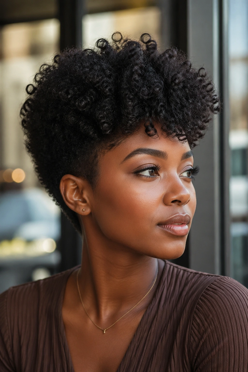 Portrait of a real woman wearing a tapered curly Afro wig with sculpted shape