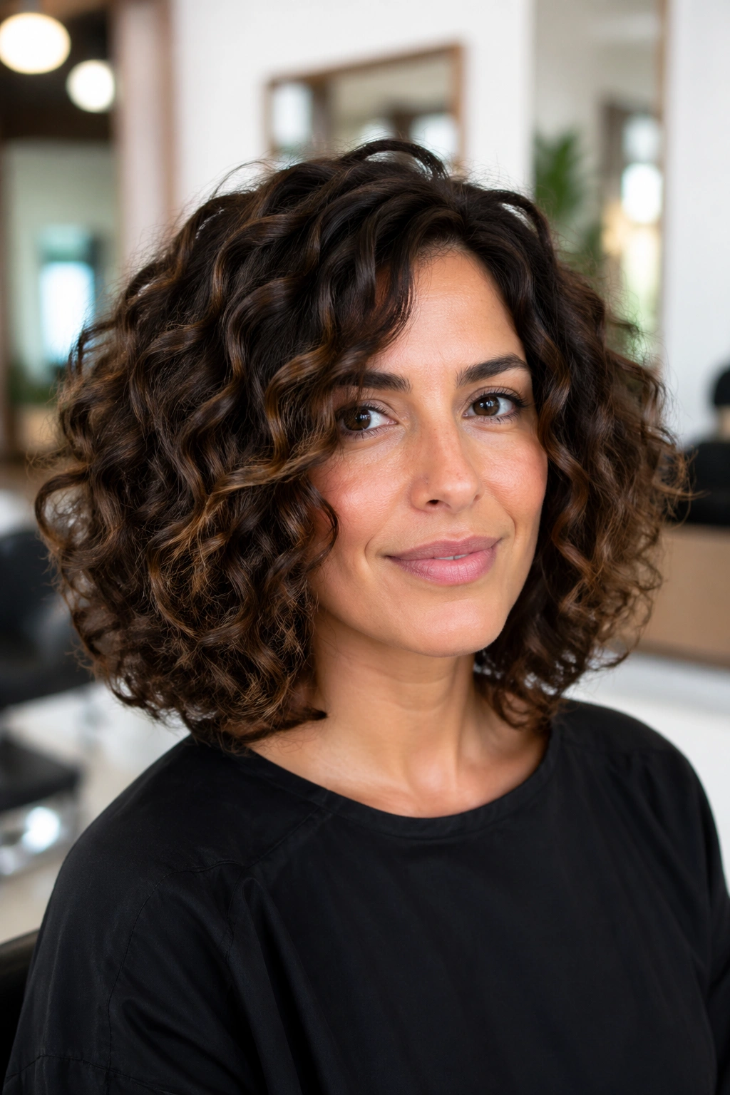 Close-up of real woman with tapered long curly bob for thick curls