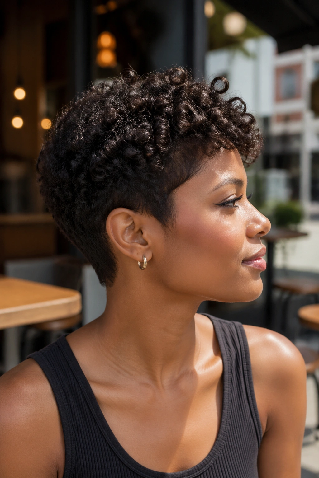Close-up portrait of a real woman with a tapered curly pixie under cafe daylight