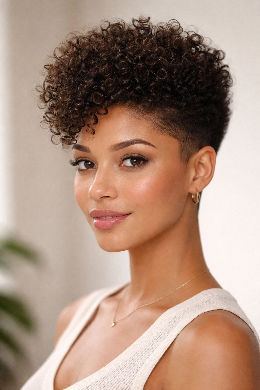 Close-up of tapered cut with height on top on an oval-face model, featuring lifted crown and tapered sides.