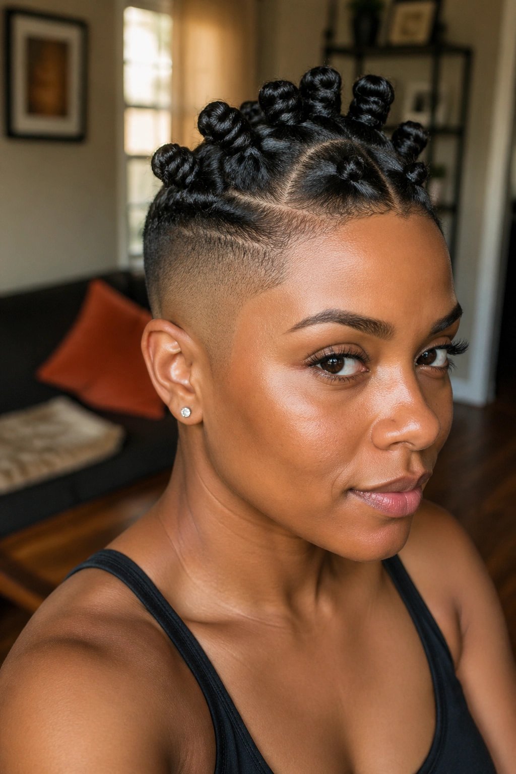 Close-up of a real person with a tapered-side Bantu knot mohawk centered on the head