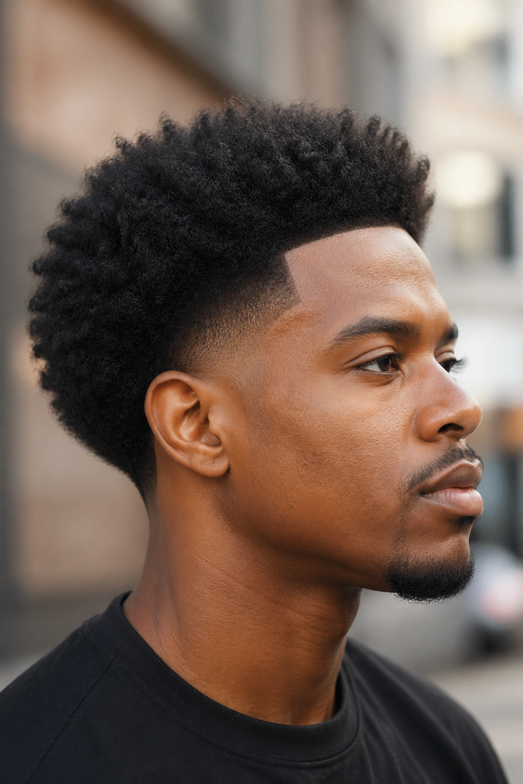 Close-up of a real person with a tapered fro and clean sides.